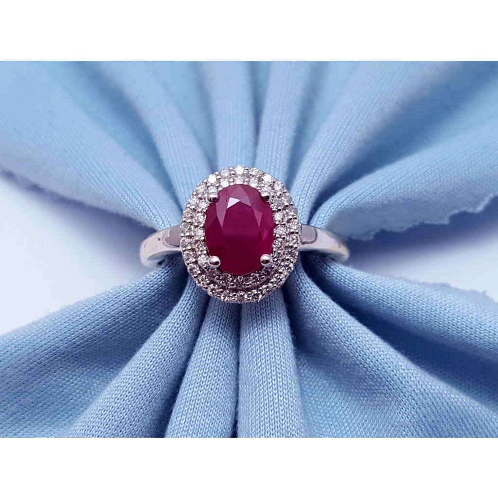 Unique 14k Karat Solid White Gold Designer Oval Ruby  Diamond Ladies Ring